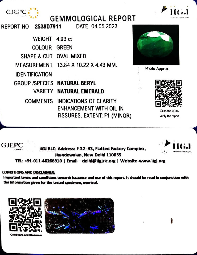 4.93/CT Natural Panna Stone with Govt. Lab Certificate (1221)