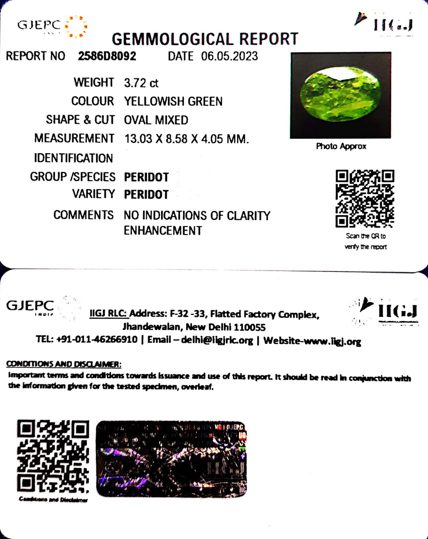 3.72/CT Natural Peridot Stone With Govt. Lab Certificate-2586D8092