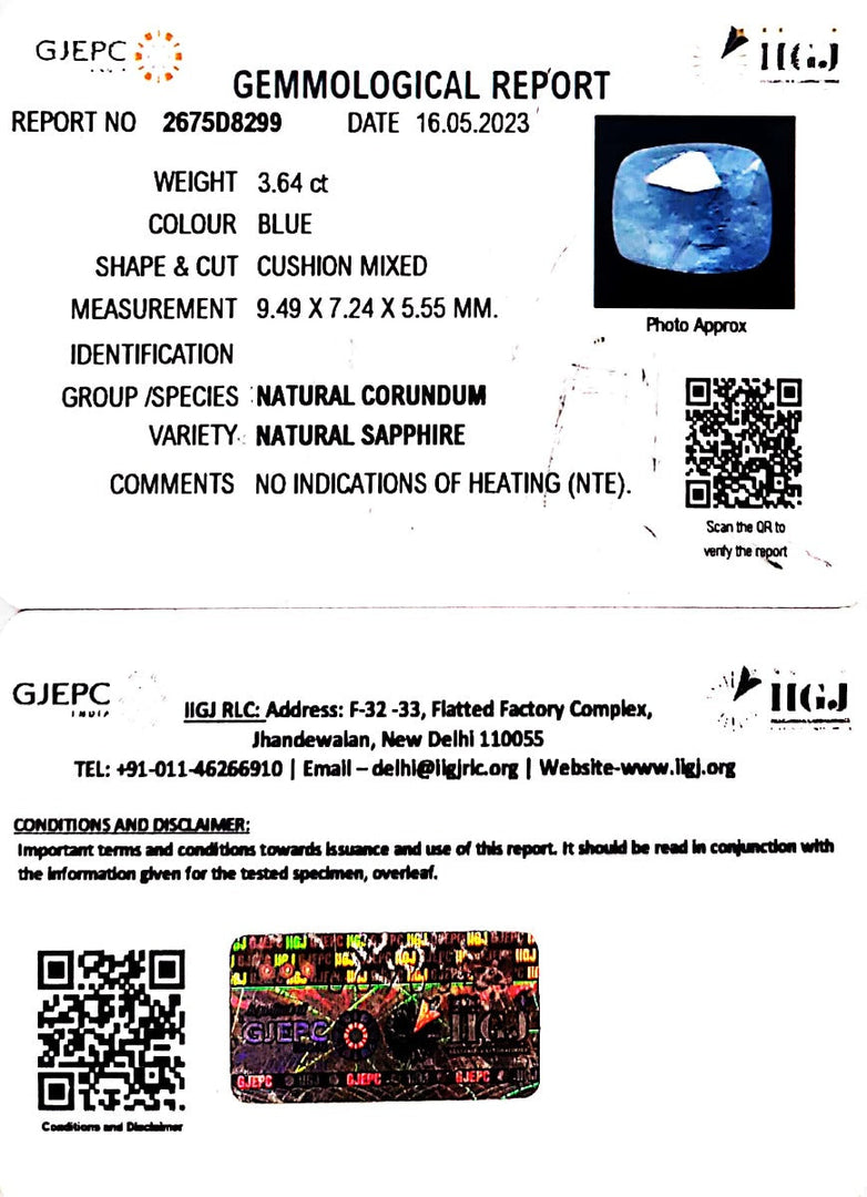 3.64/CT Natural Blue Sapphire with Govt Lab Certificate (6771)