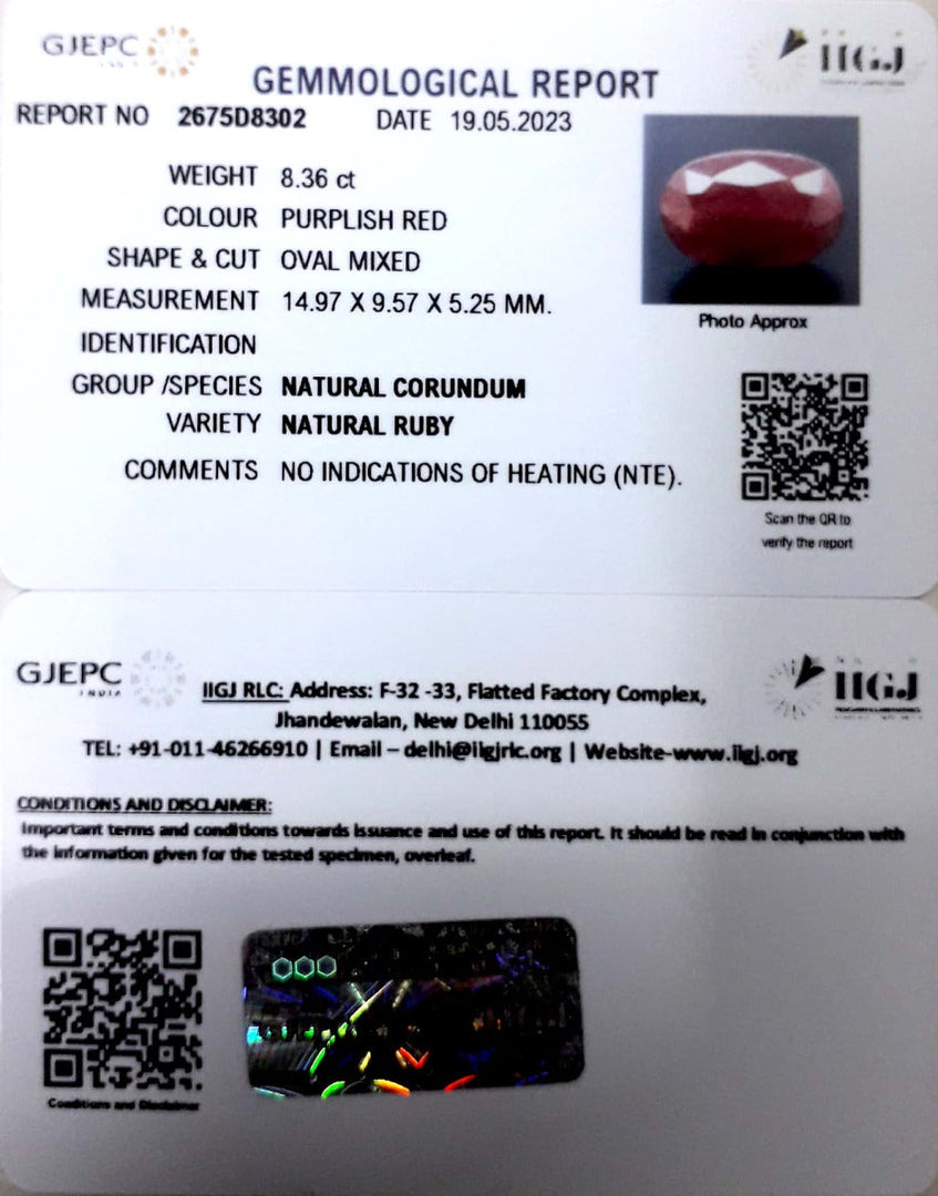 8.36/CT Natural Neo Burma Ruby with Govt. Lab Certificate (2331)