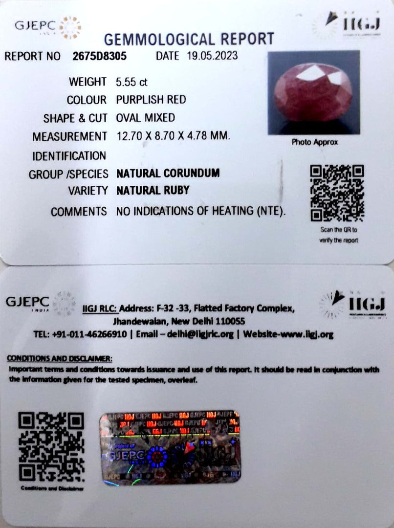 5.54/CT Natural Neo Burma Ruby with Govt. Lab Certificate (3441)