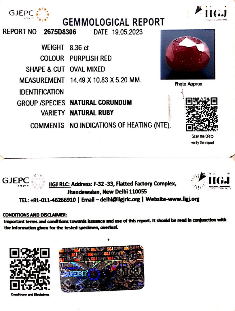 8.36/CT Natural Neo Burma Ruby with Govt. Lab Certificate (2331)