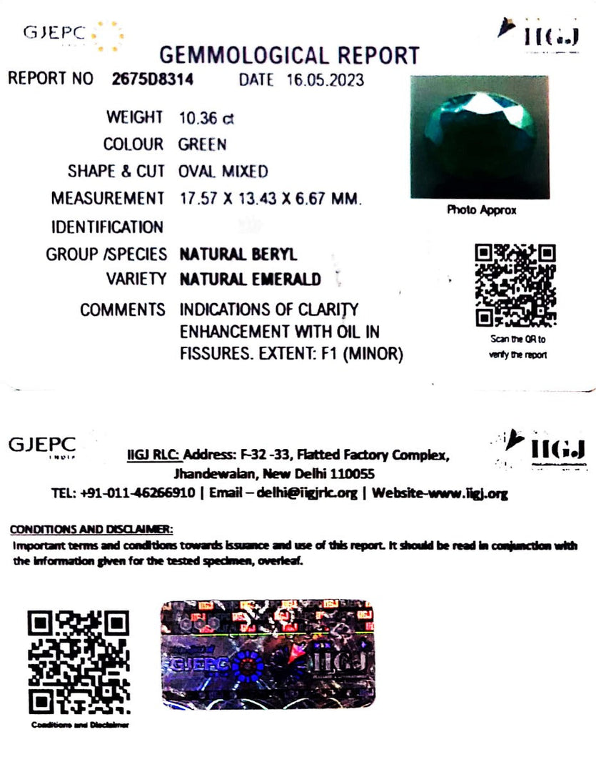 10.36/CT Natural Panna Stone with Govt. Lab Certificate (12210)