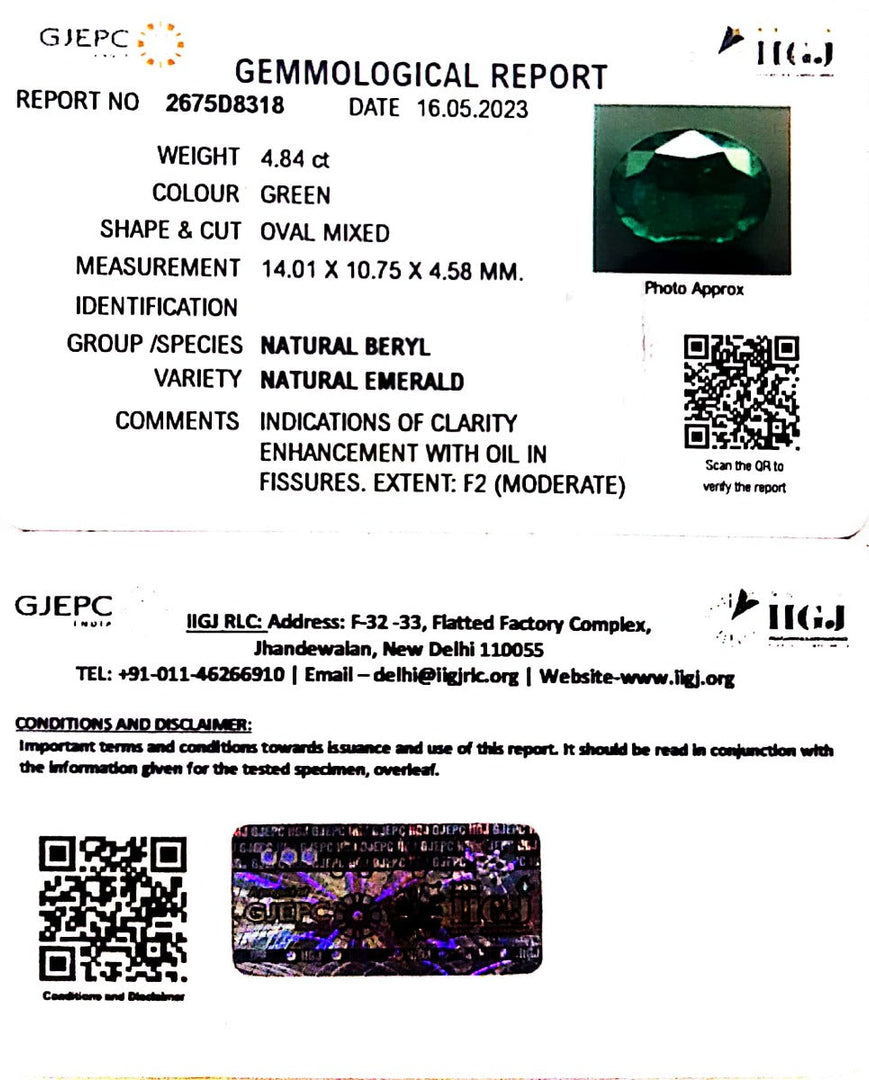 4.84/CT Natural Panna Stone with Govt. Lab Certificate (23310)
