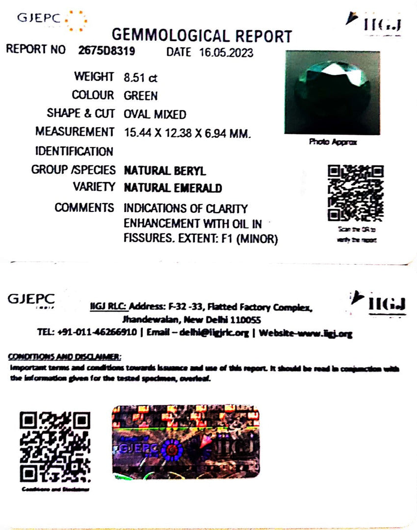 8.51/CT Natural Panna Stone with Govt. Lab Certificate (34410)
