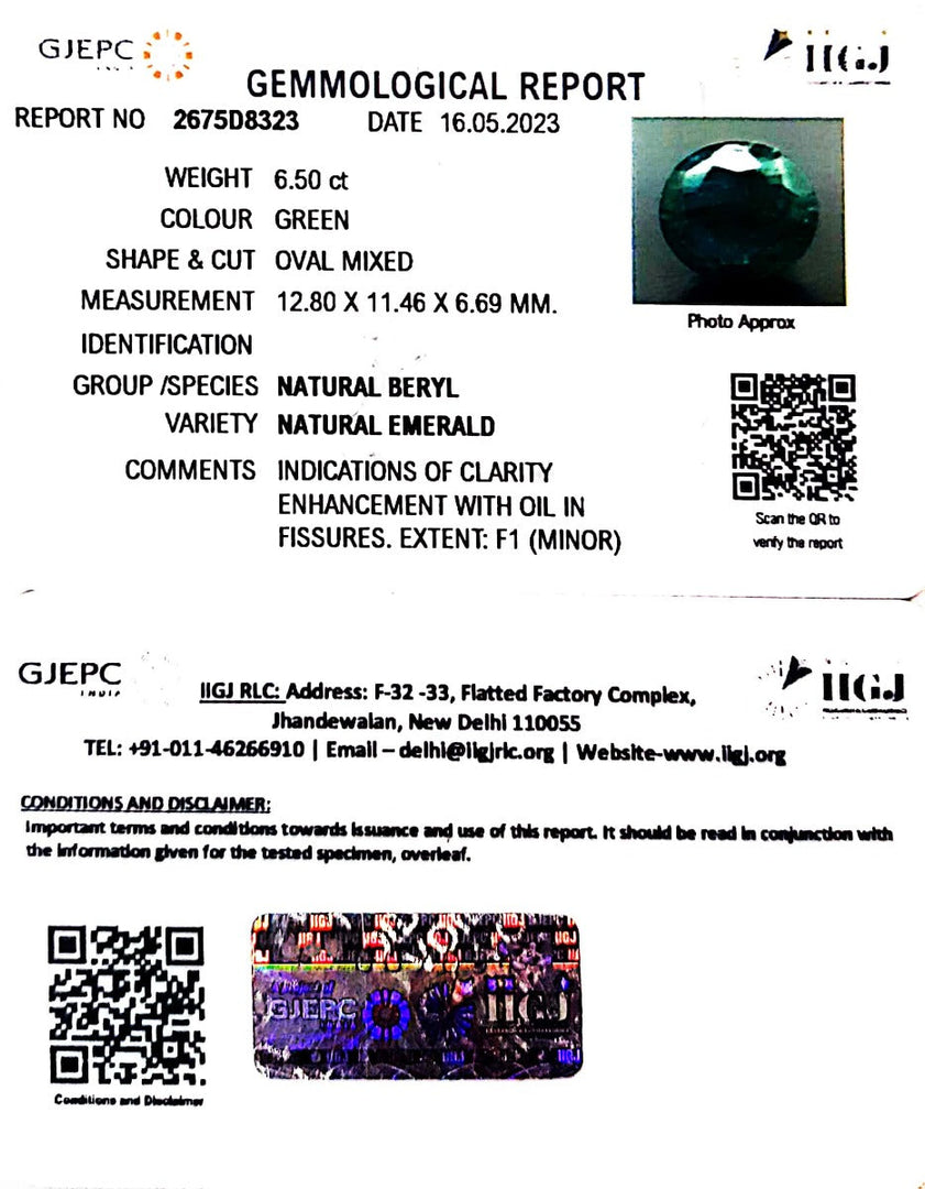 6.50/CT Natural Panna Stone with Govt. Lab Certificate (16650)