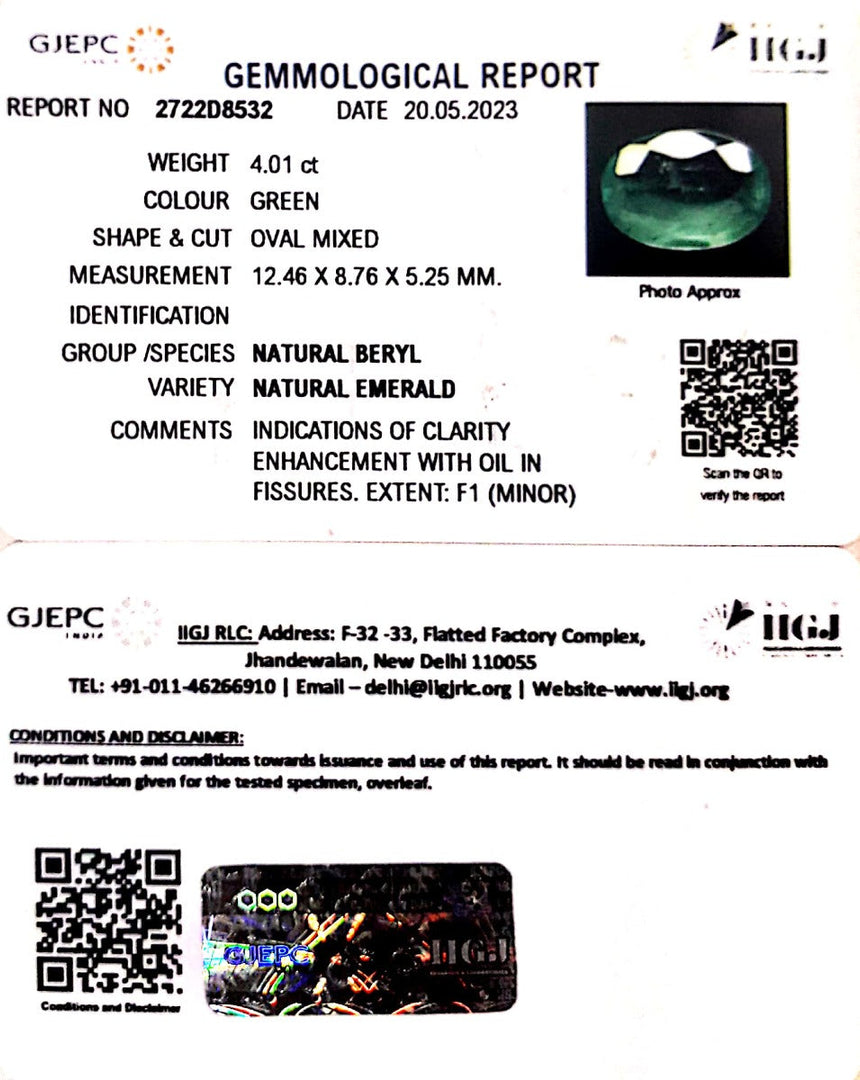 4.01/CT Natural Panna Stone with Govt. Lab Certificate (23310)