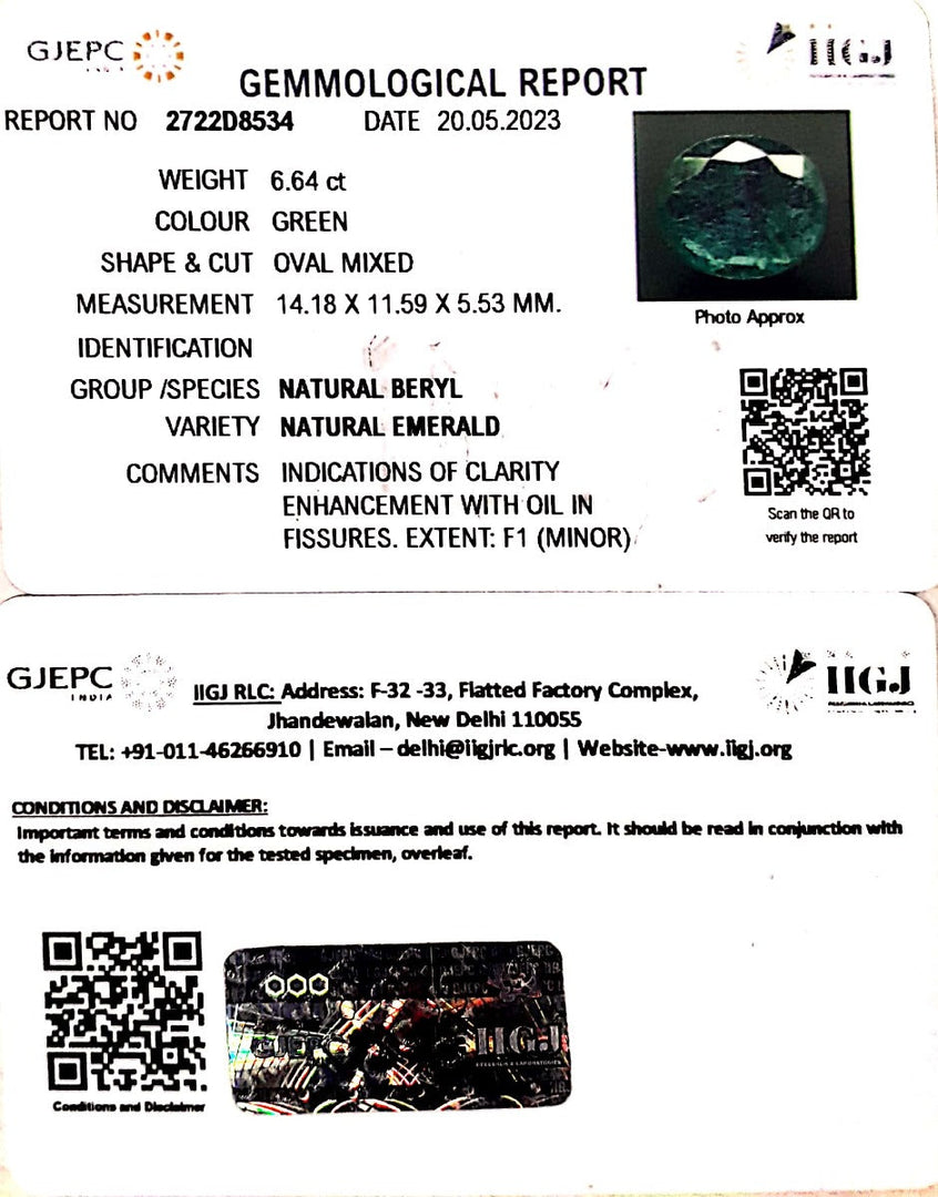 6.64/CT Natural Panna Stone with Govt. Lab Certificate (23310)