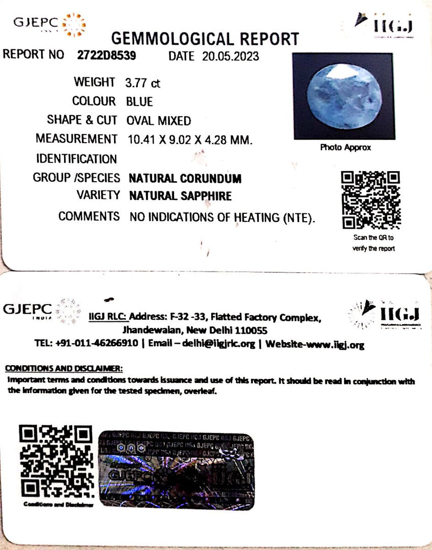 3.77/CT Natural Blue Sapphire with Govt Lab Certificate (6771)