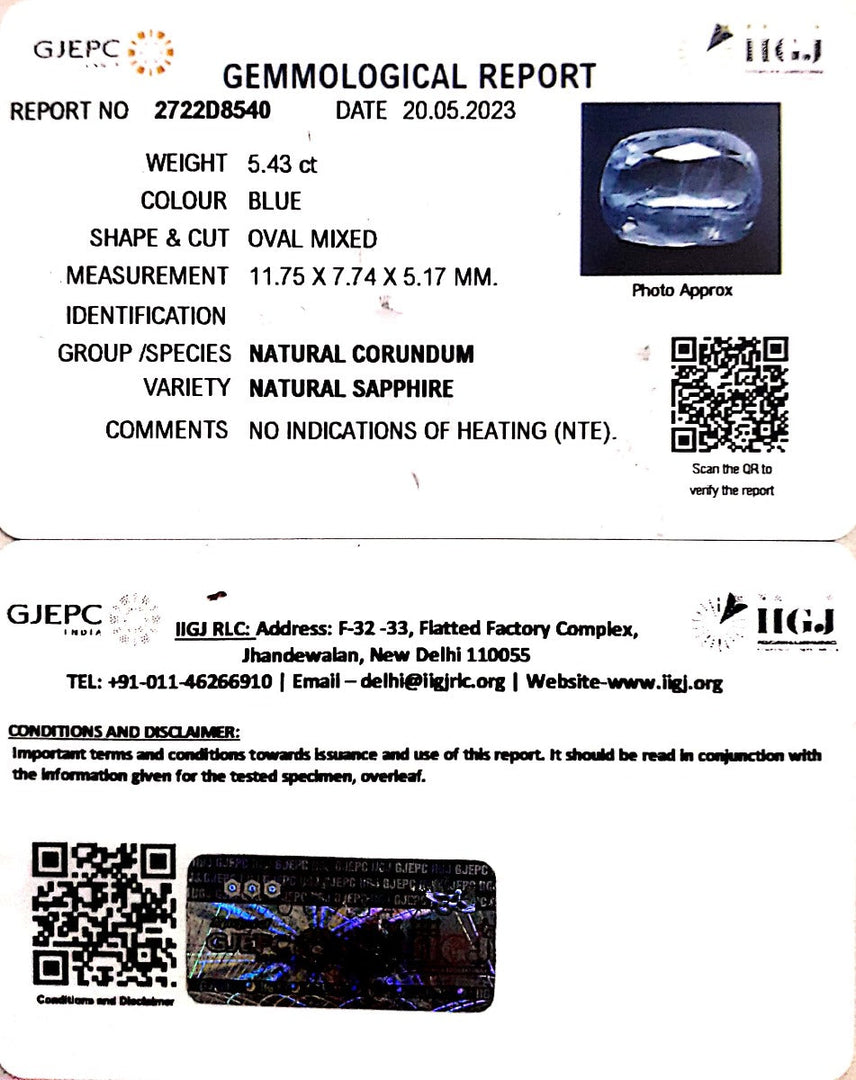 5.43/CT Natural Blue Sapphire with Govt Lab Certificate-34410