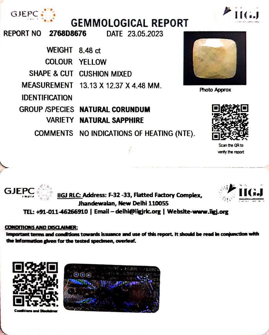 8.48/CT Natural Yellow Sapphire With Govt Lab Certificate (6771)
