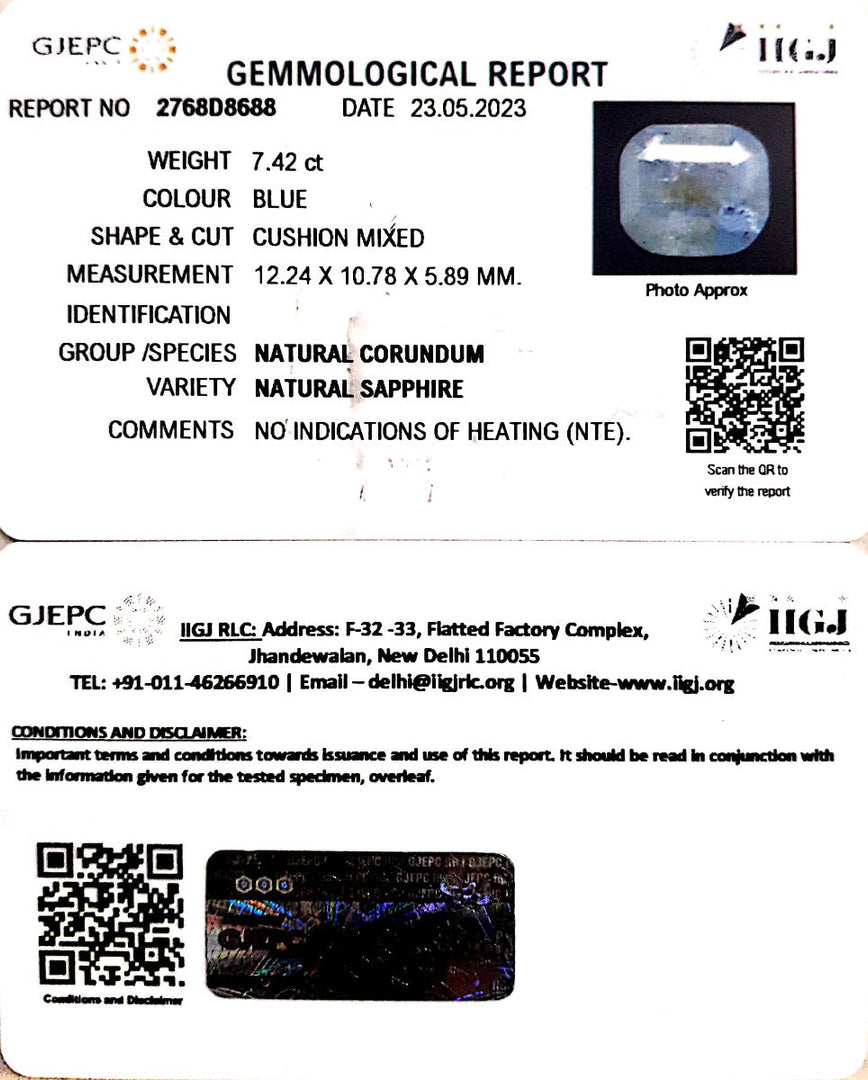 7.42/CT Natural Blue Sapphire with Govt Lab Certificate (4551)