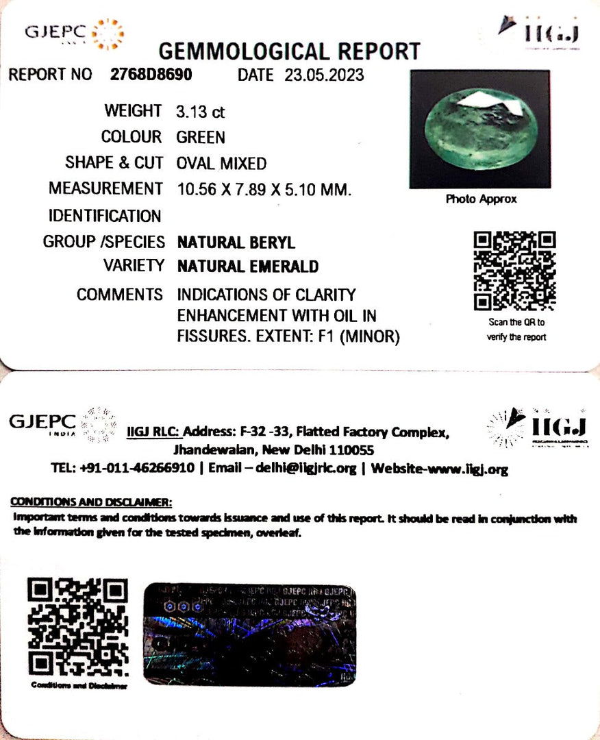 3.13/CT Natural Panna Stone with Govt. Lab Certificate (45510)