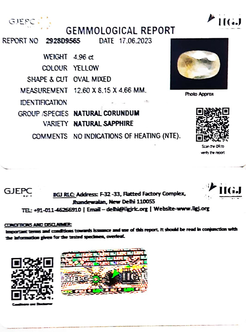 4.96/CT Natural Yellow Sapphire With Govt Lab Certificate (8991)