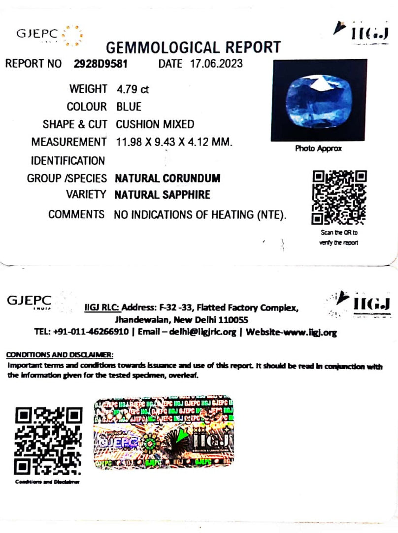 4.79/CT Natural Blue Sapphire with Govt Lab Certificate (8991)