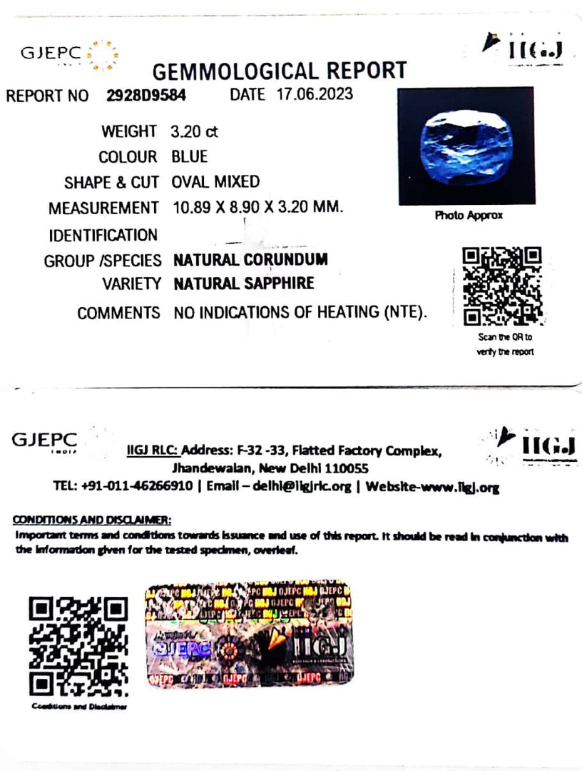 3.20/CT Natural Blue Sapphire with Govt Lab Certificate (6771)