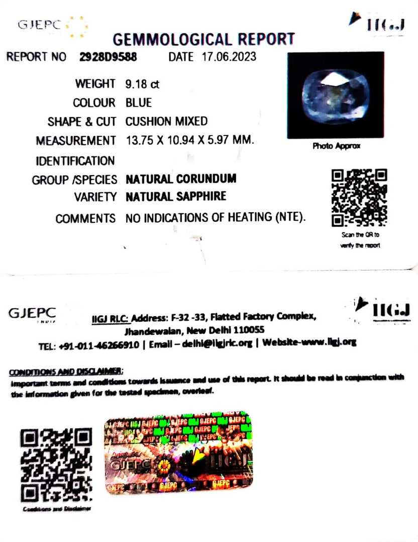 9.18/CT Natural Blue Sapphire with Govt Lab Certificate (6771)