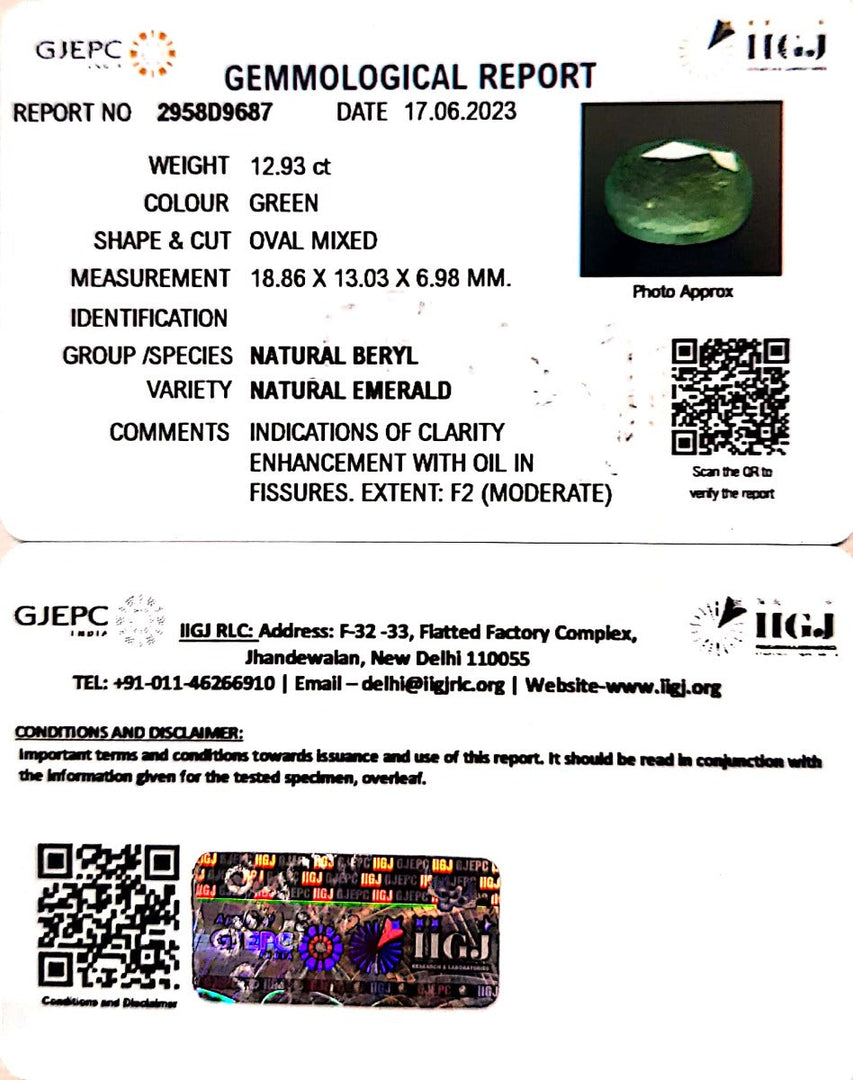 12.93/CT Natural Panna Stone with Govt. Lab Certificate (12210)
