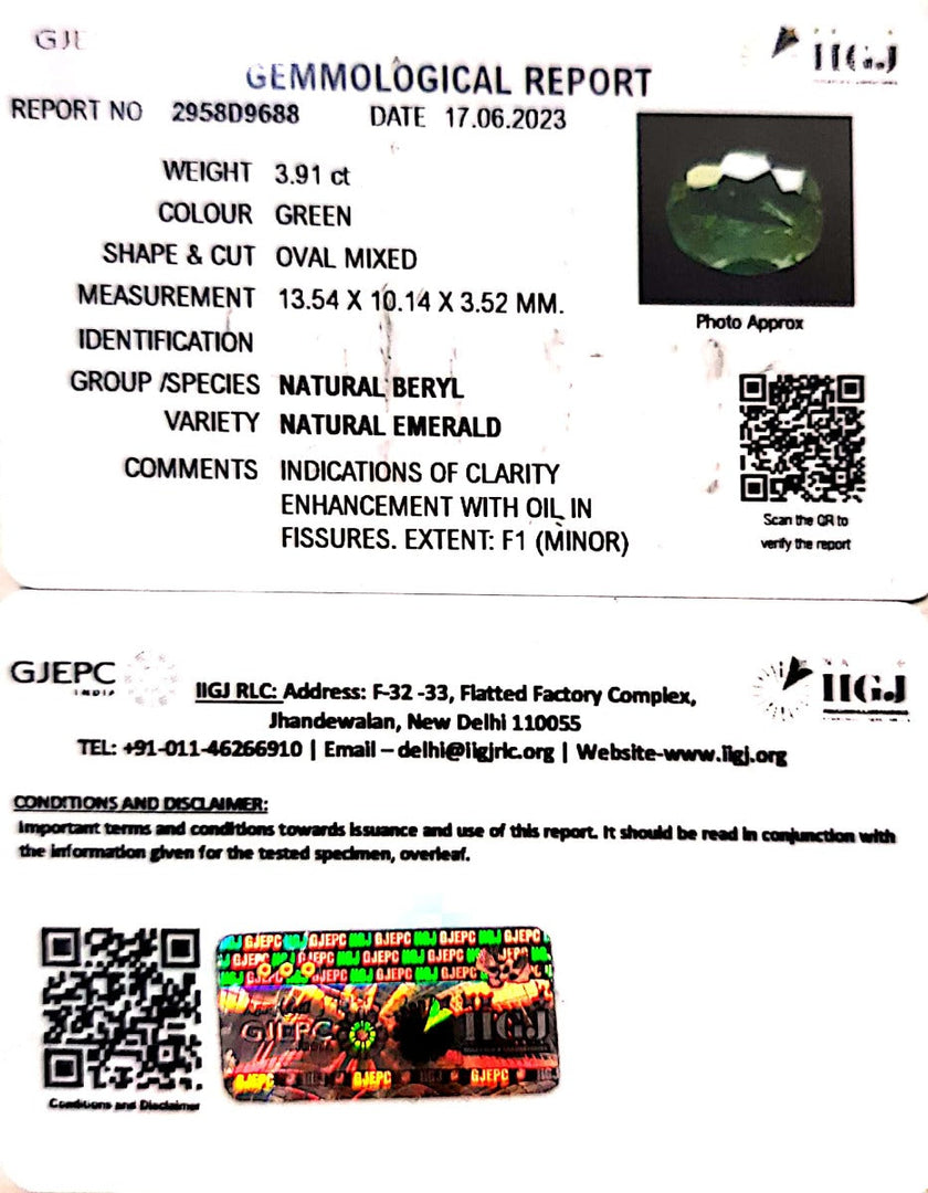 3.91/CT Natural Panna Stone with Govt. Lab Certificate (8991)