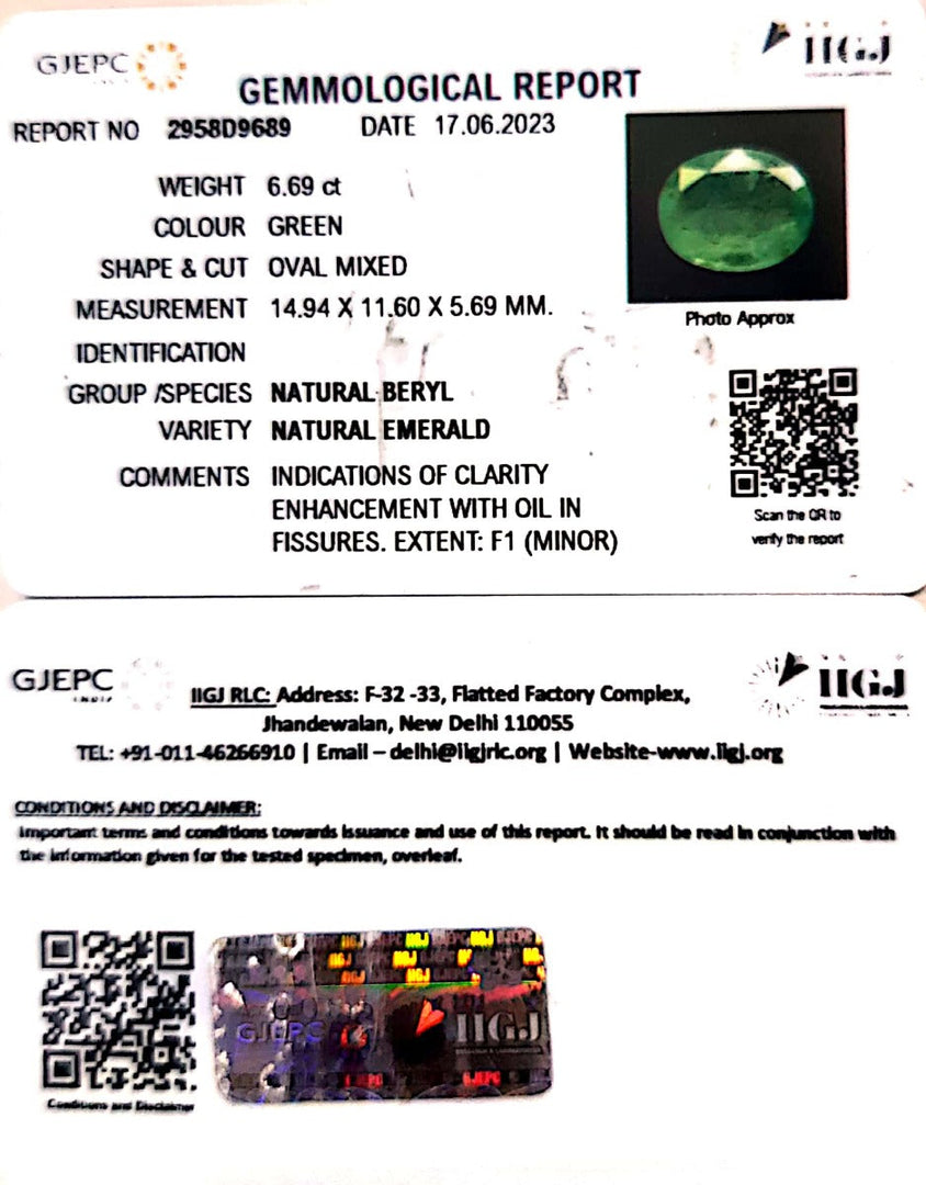 6.69/CT Natural Panna Stone with Govt. Lab Certificate (16650)