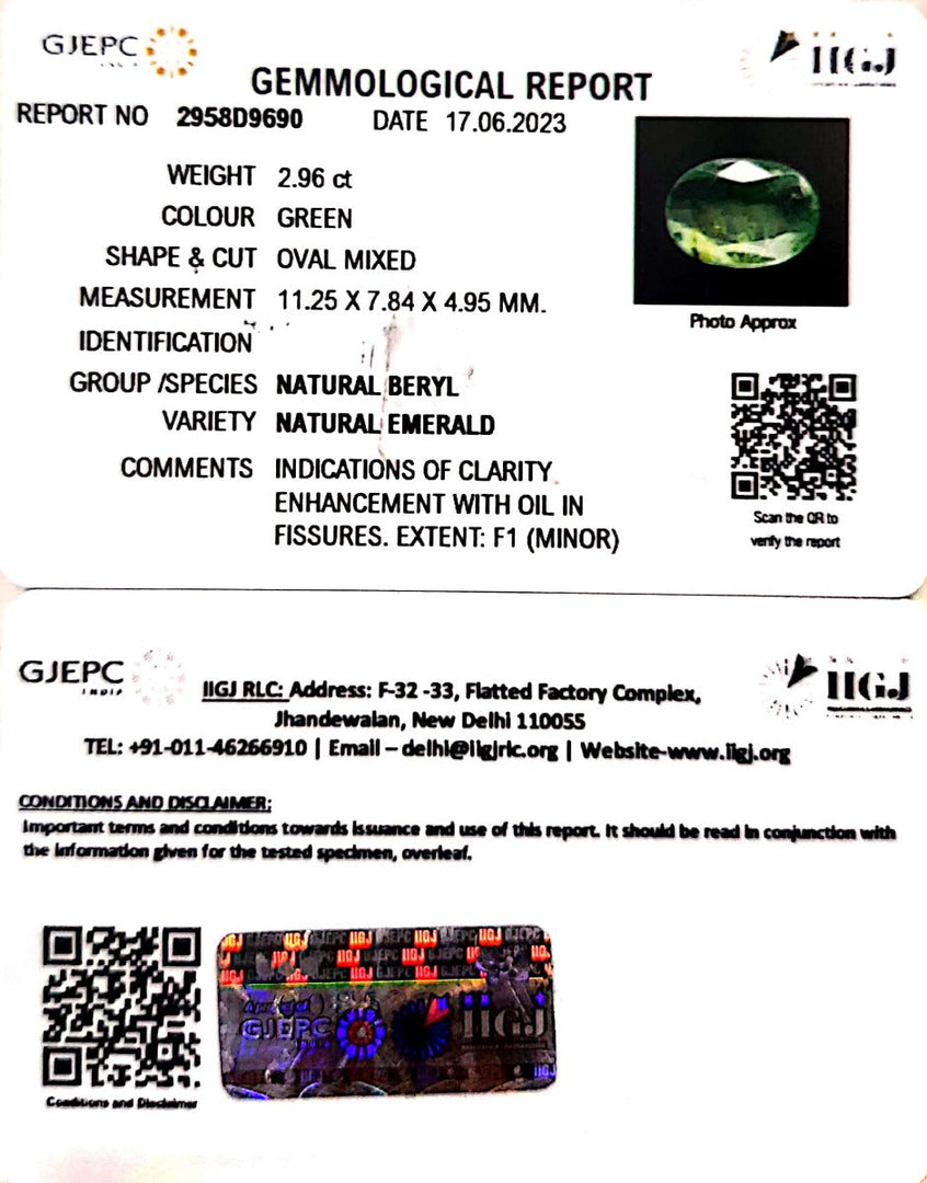 2.96/CT Natural Panna Stone with Govt. Lab Certificate (12210)