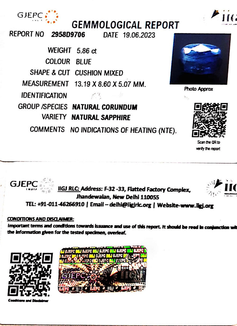 5.86/CT Natural Blue Sapphire with Govt Lab Certificate (8991)