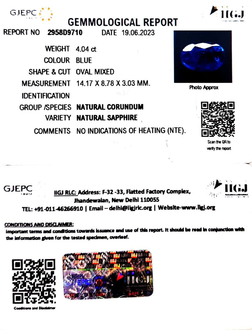 4.04/CT Natural Blue Sapphire with Govt Lab Certificate (8991)