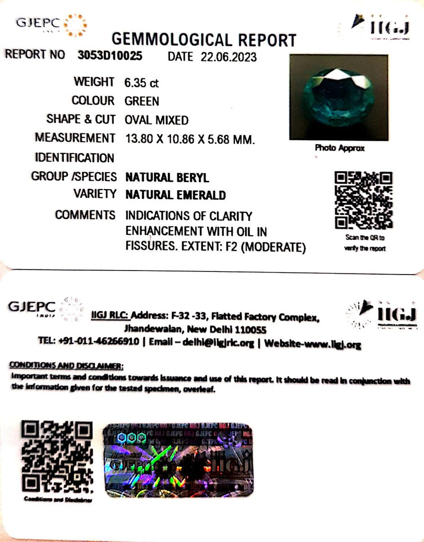 7.04/CT Natural Panna Stone with Govt. Lab Certificate (56610)