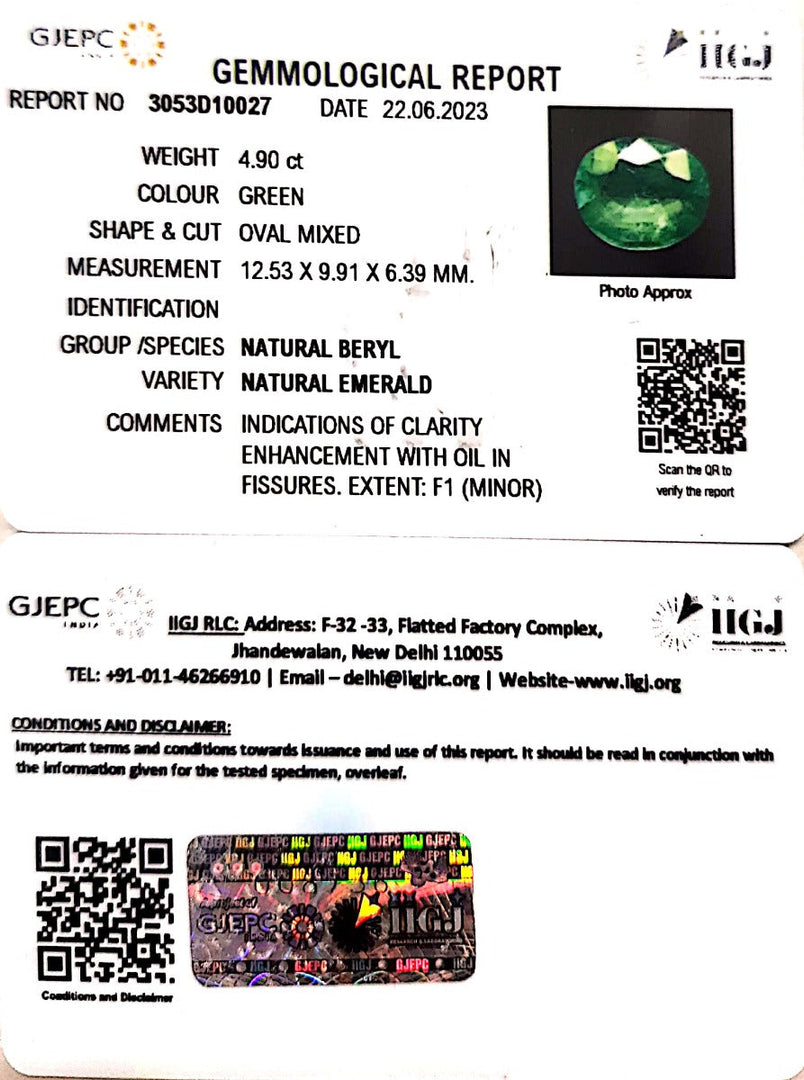 4.90/CT Natural Panna Stone with Govt. Lab Certificate (56610)