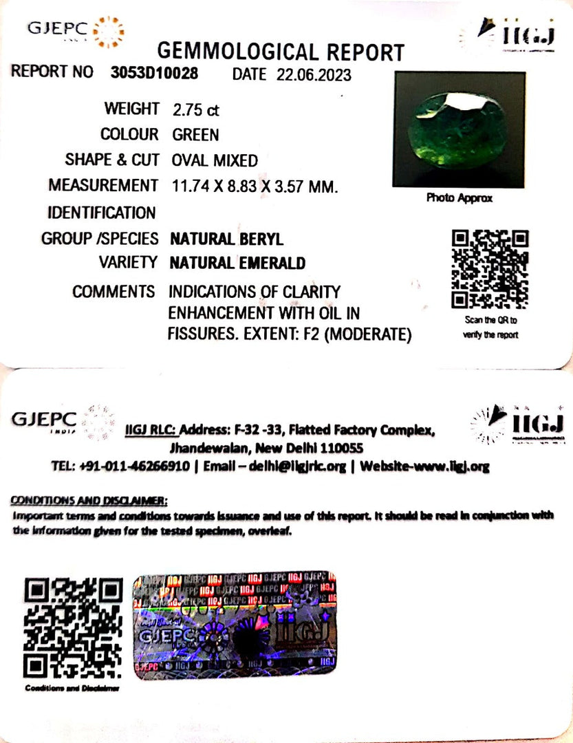 2.75/CT Natural Panna Stone with Govt. Lab Certificate (56610)