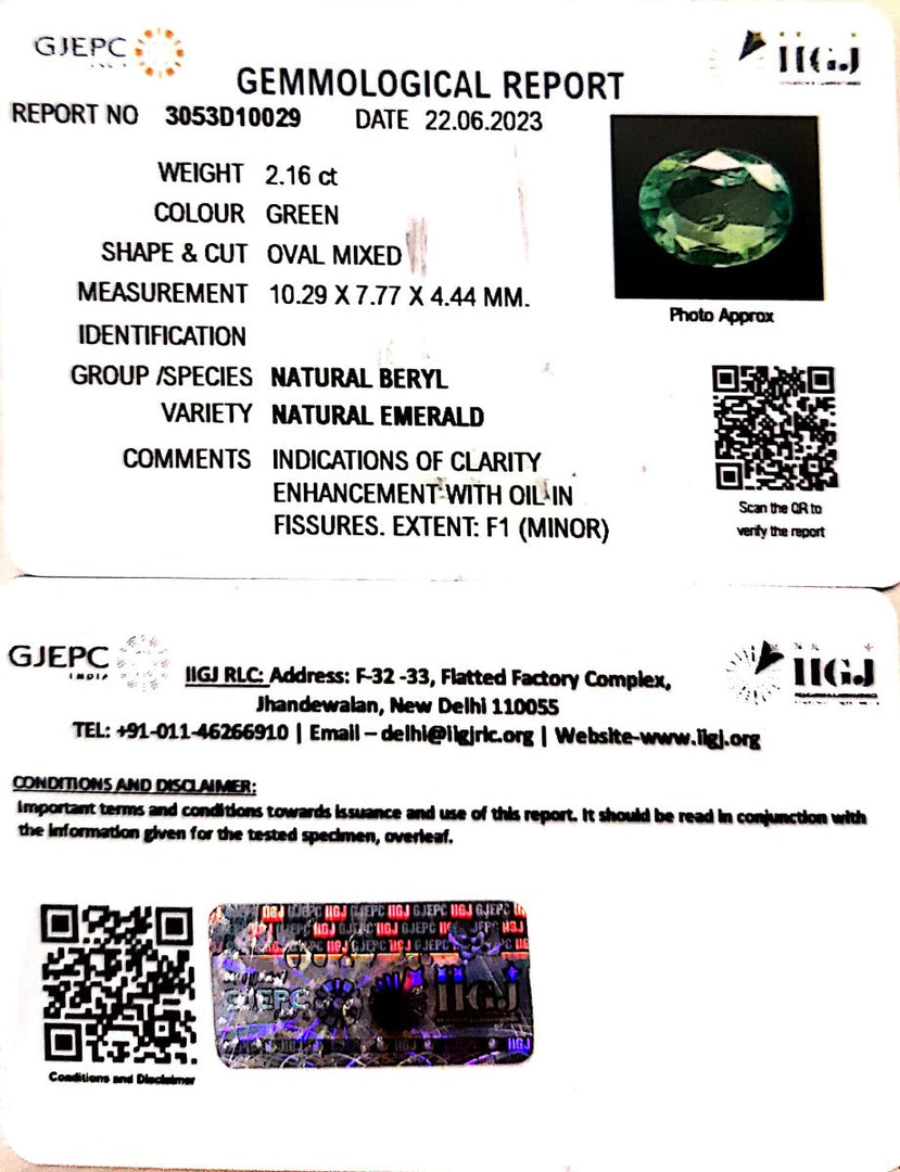 2.16/CT Natural Panna Stone with Govt. Lab Certificate (56610)