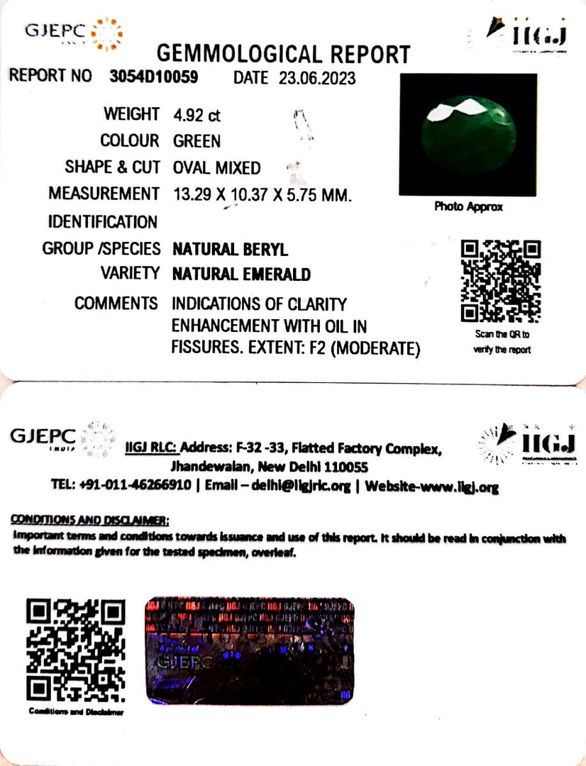4.92/CT Natural Panna Stone with Govt. Lab Certificate (1221)