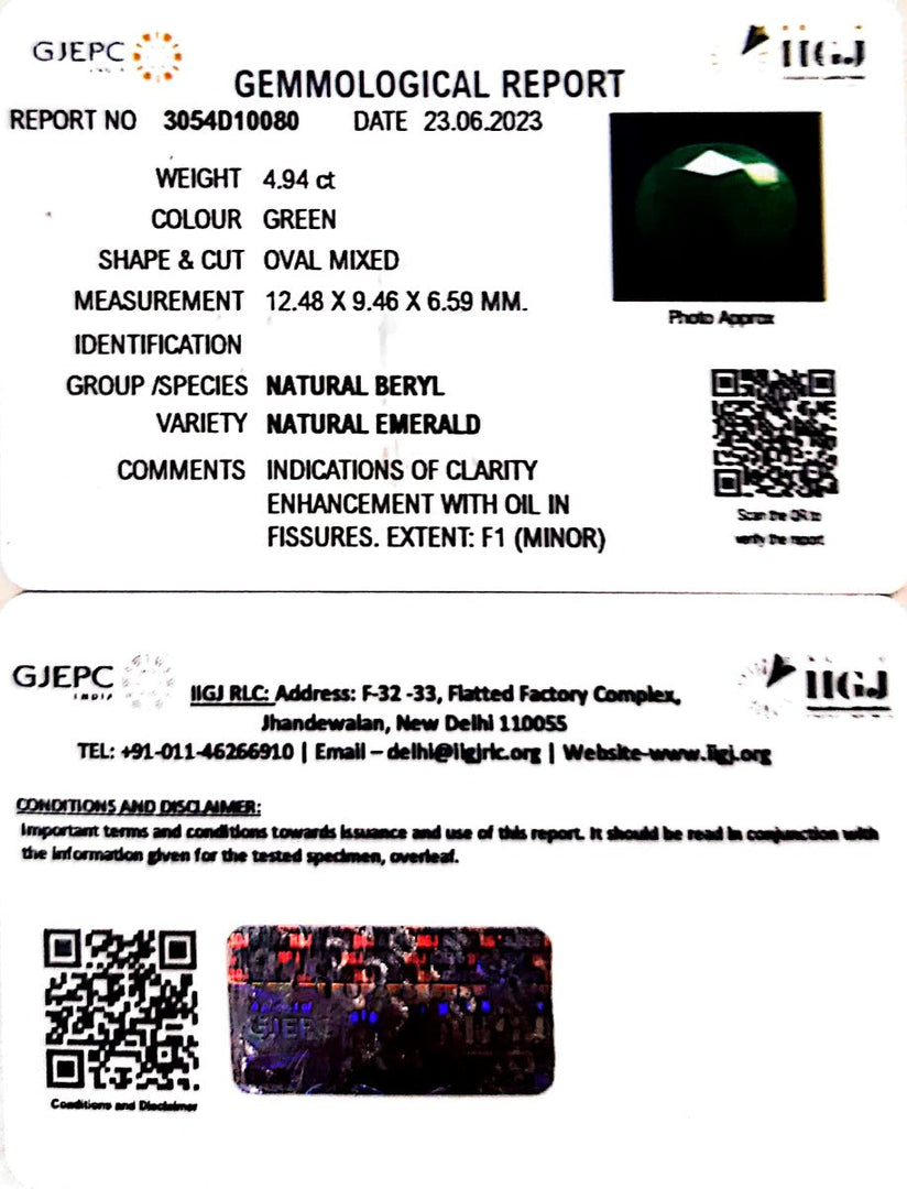 4.94/CT Natural Panna Stone with Govt. Lab Certificate (1221)