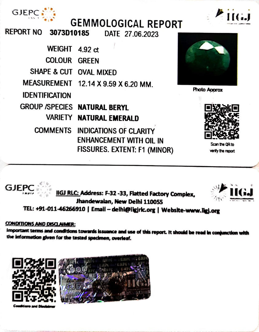 4.92/CT Natural Panna Stone with Govt. Lab Certificate (1221)