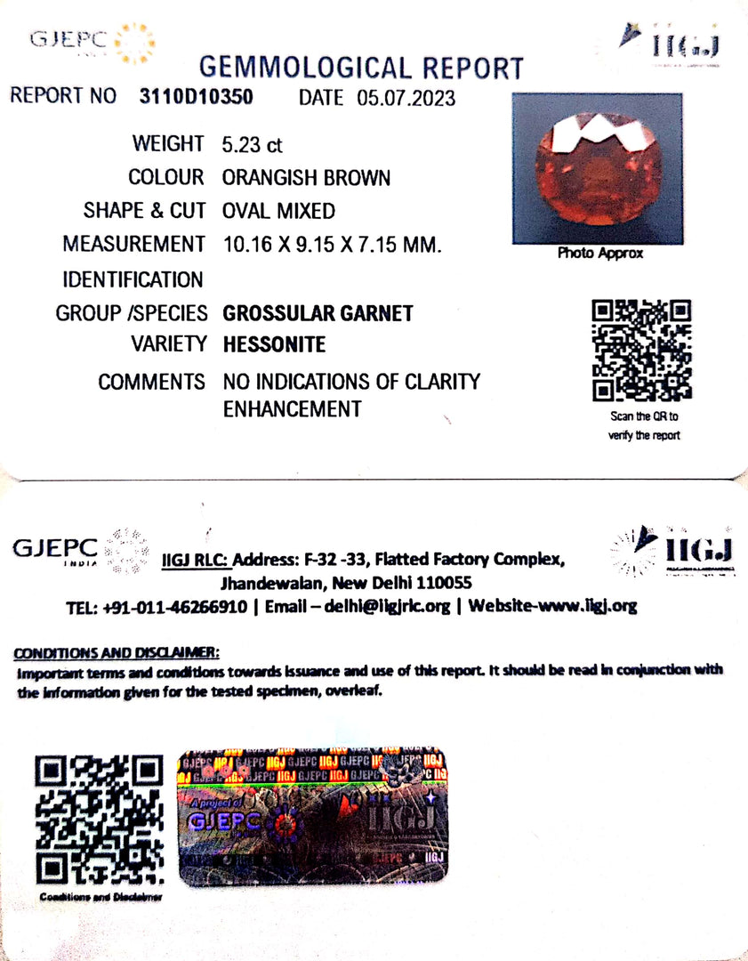 5.23/CT Natural Hessonite Stone with Govt. Lab Certificate-3110D10350