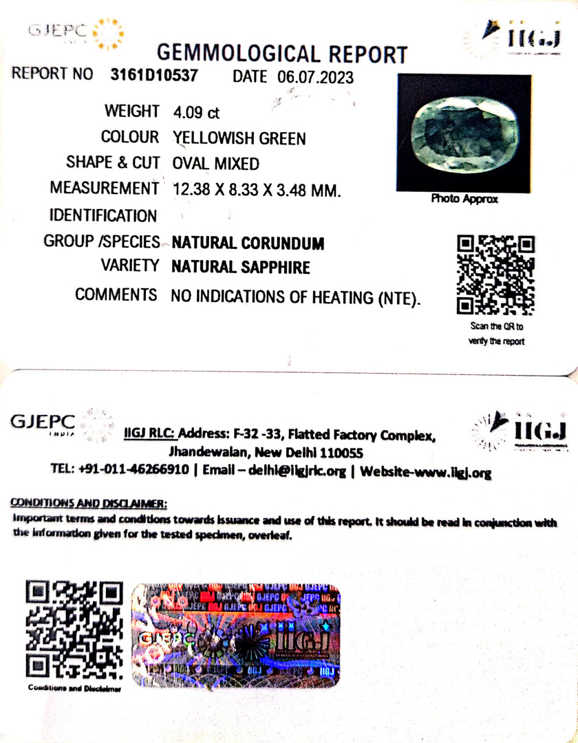 4.09/CT Natural Green Sapphire with Govt. Lab Certified Gemstone-3161D10537