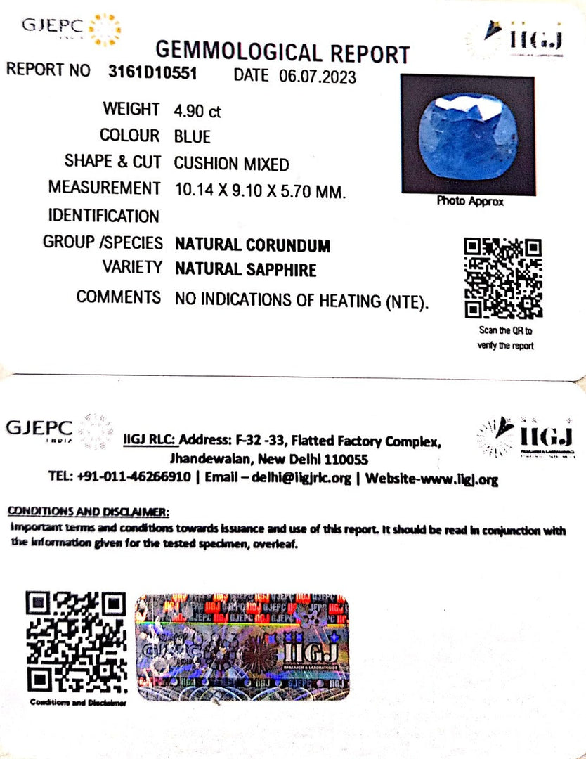 4.90/CT Natural Blue Sapphire with Govt Lab Certificate (4551)