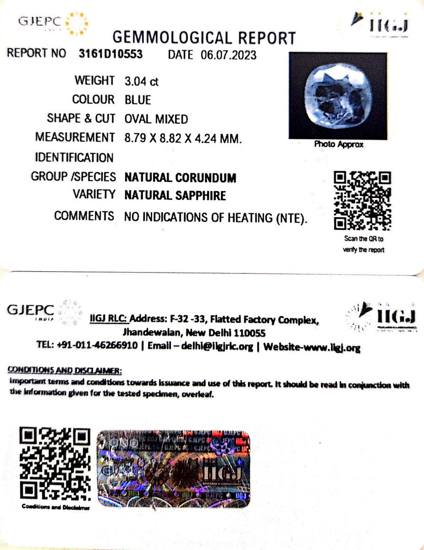 3.04/CT Natural Blue Sapphire with Govt Lab Certificate (6771)