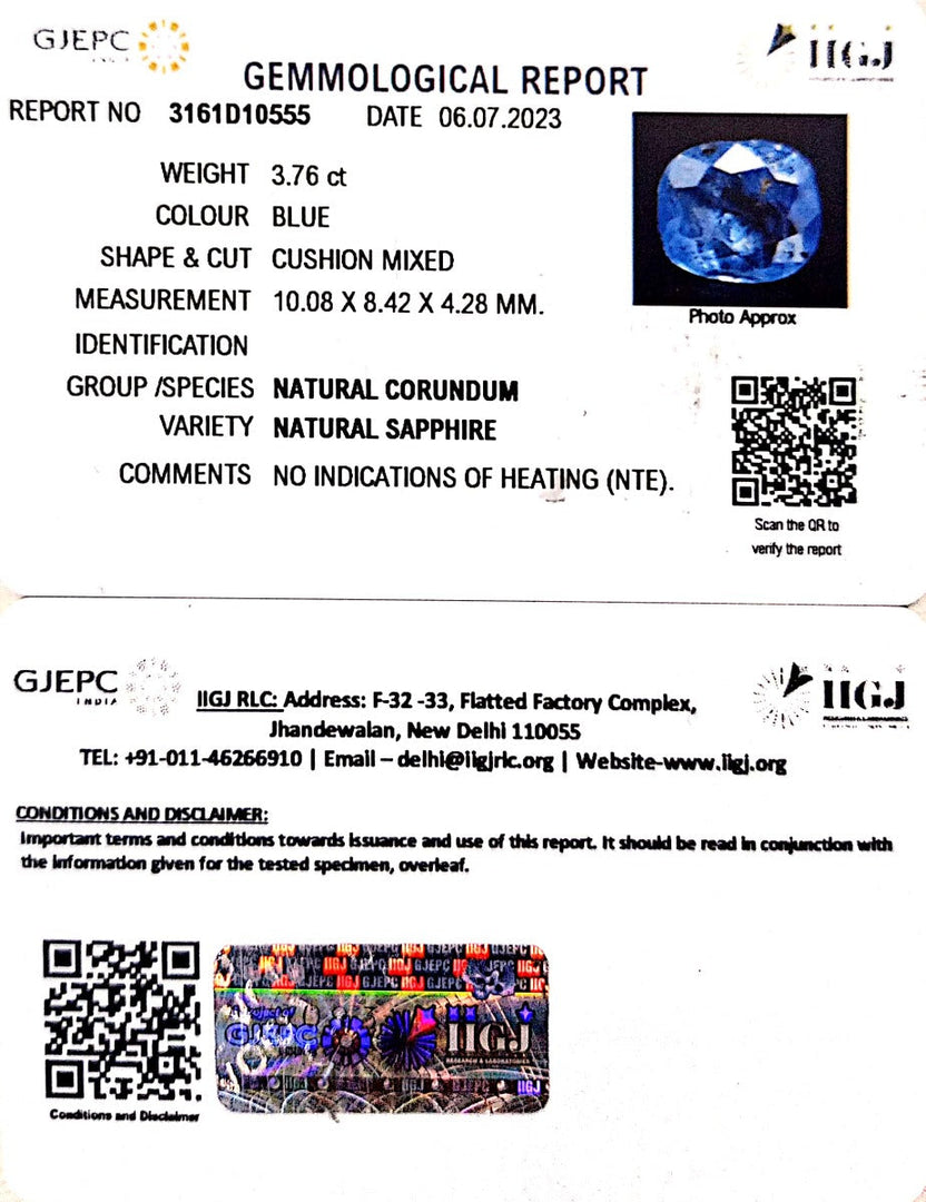 3.76/CT Natural Blue Sapphire with Govt Lab Certificate-BLUSA9S