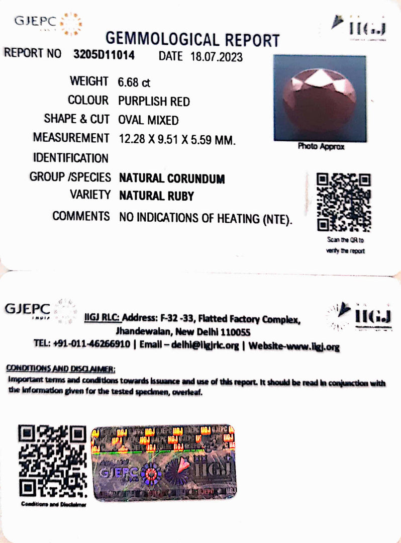 6.68/CT Natural Ruby Stone with Govt. Lab Certificate-3205D11014