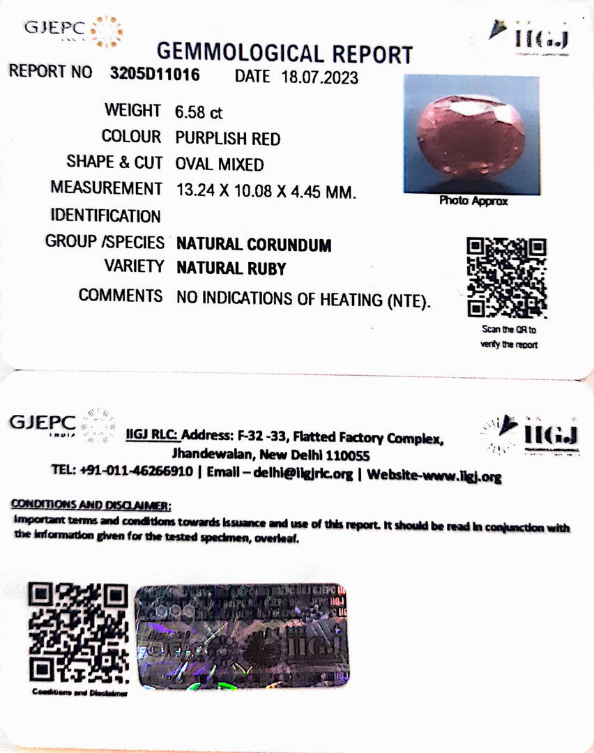 6.58/CT Natural Ruby Stone with Govt. Lab Certificate-3205D11016