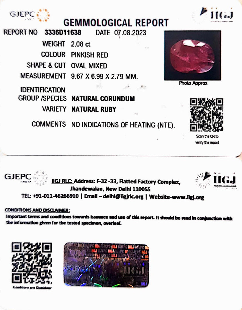 2.08/CT Natural Mozambique Ruby with Govt. Lab Certificate (RUBY9W)