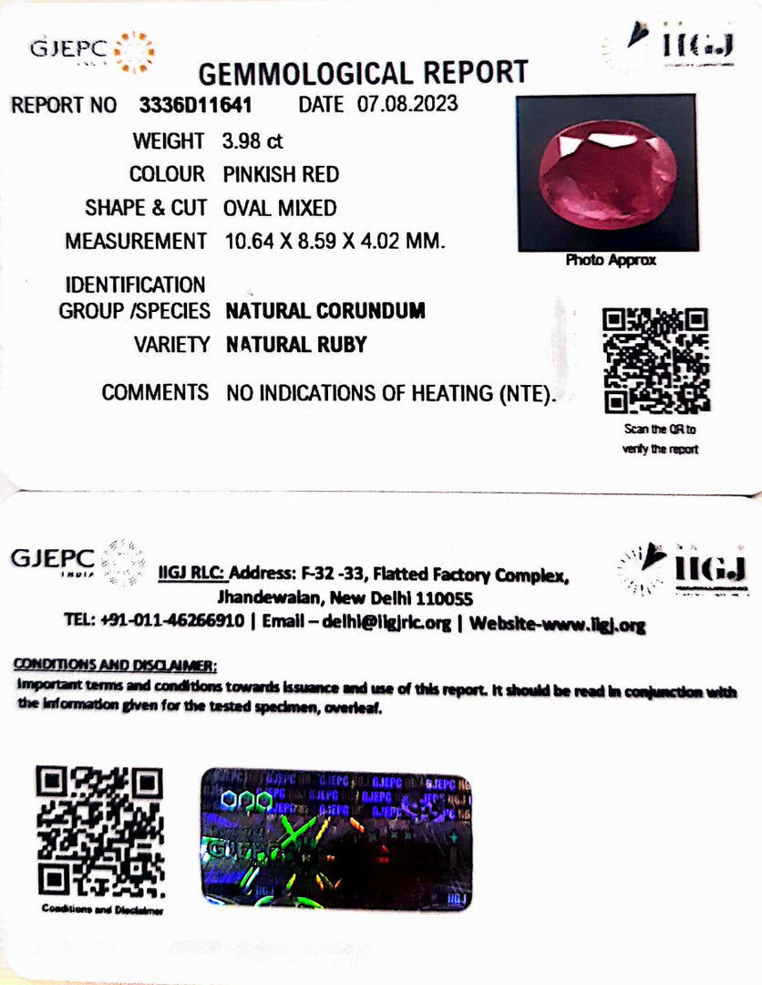 3.98/CT Natural Mozambique Ruby with Govt. Lab Certificate (RUBY9W)