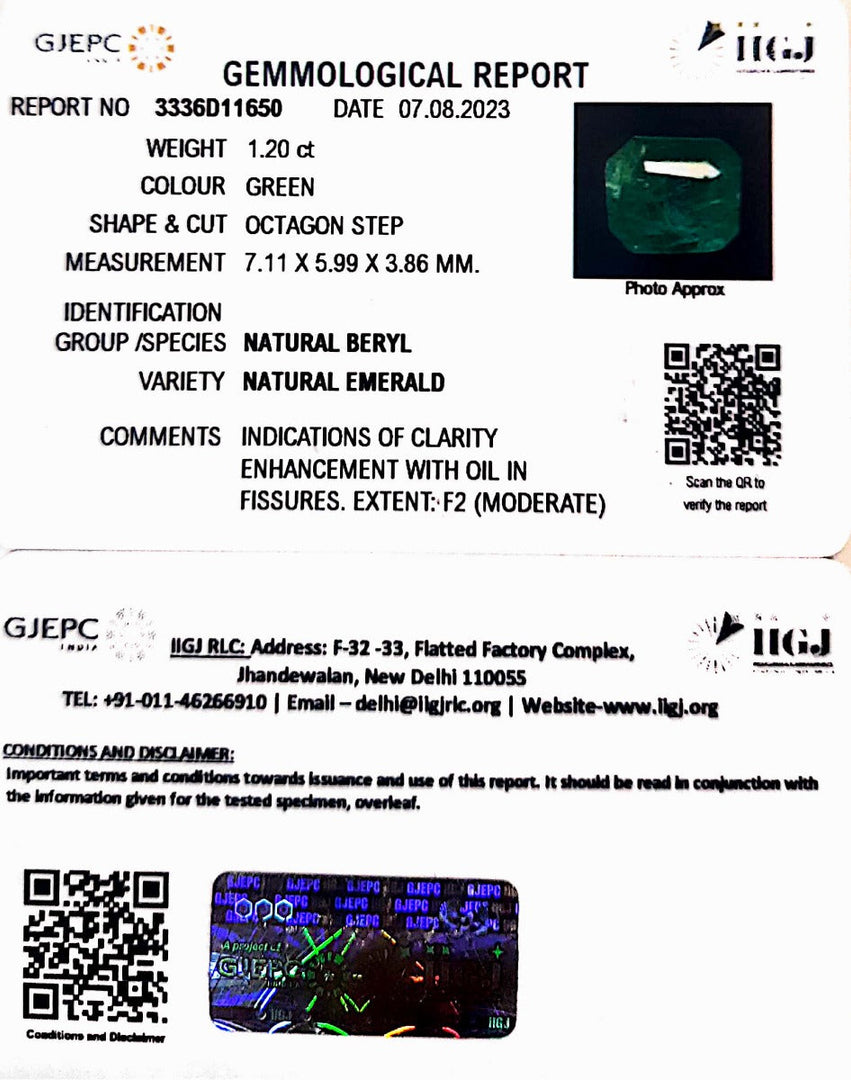 1.20/CT Natural Panna Stone with Govt. Lab Certificate (12210)
