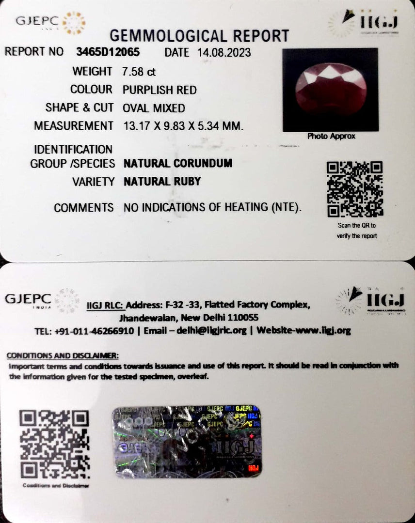 7.57/CT Natural Neo Burma Ruby with Govt. Lab Certificate (3441)