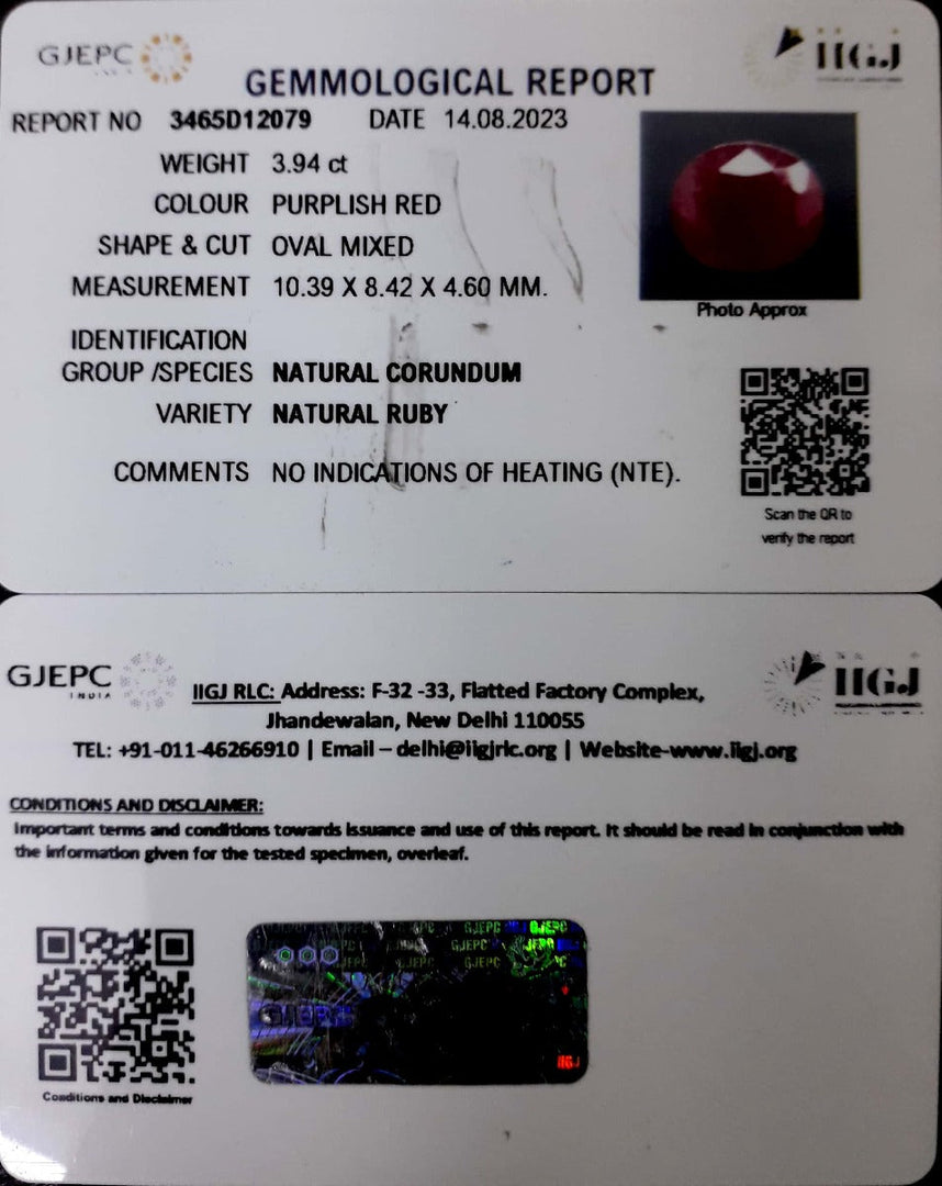 3.94/CT Natural Neo Burma Ruby with Govt. Lab Certificate (5661)