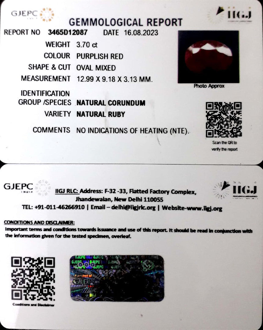 3.70/CT Natural Neo Burma Ruby with Govt. Lab Certificate (4551)