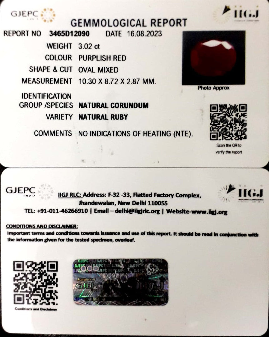 3.02/CT Natural Neo Burma Ruby with Govt. Lab Certificate (5661)