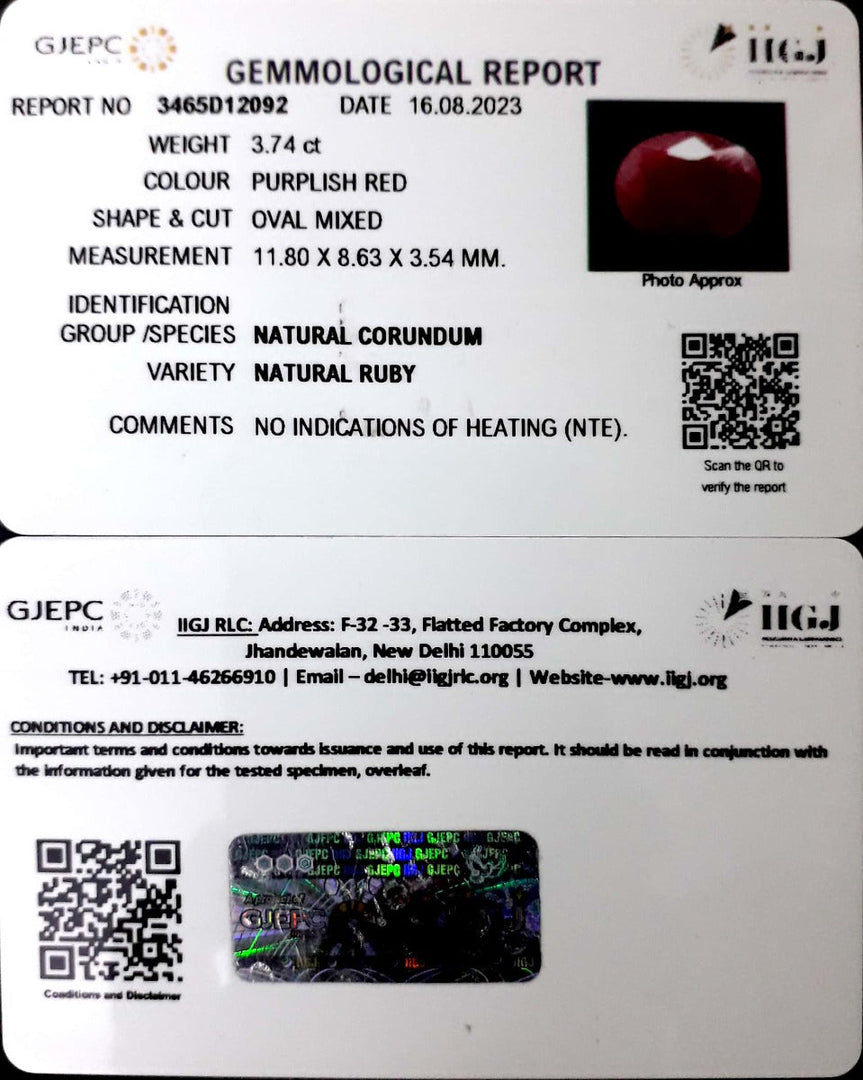 3.74/CT Natural Neo Burma Ruby with Govt. Lab Certificate (4551)