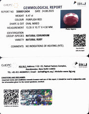 6.47/CT Natural Indian Ruby with Govt. Lab Certificate (1221)